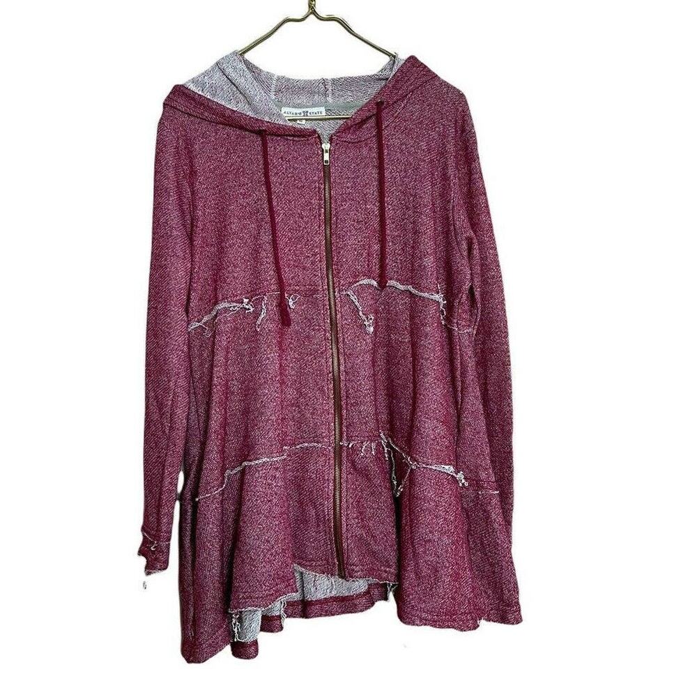 Altard State Red French Terry Hooded Cardigan Raw Hem Oversized Boho Sweater M